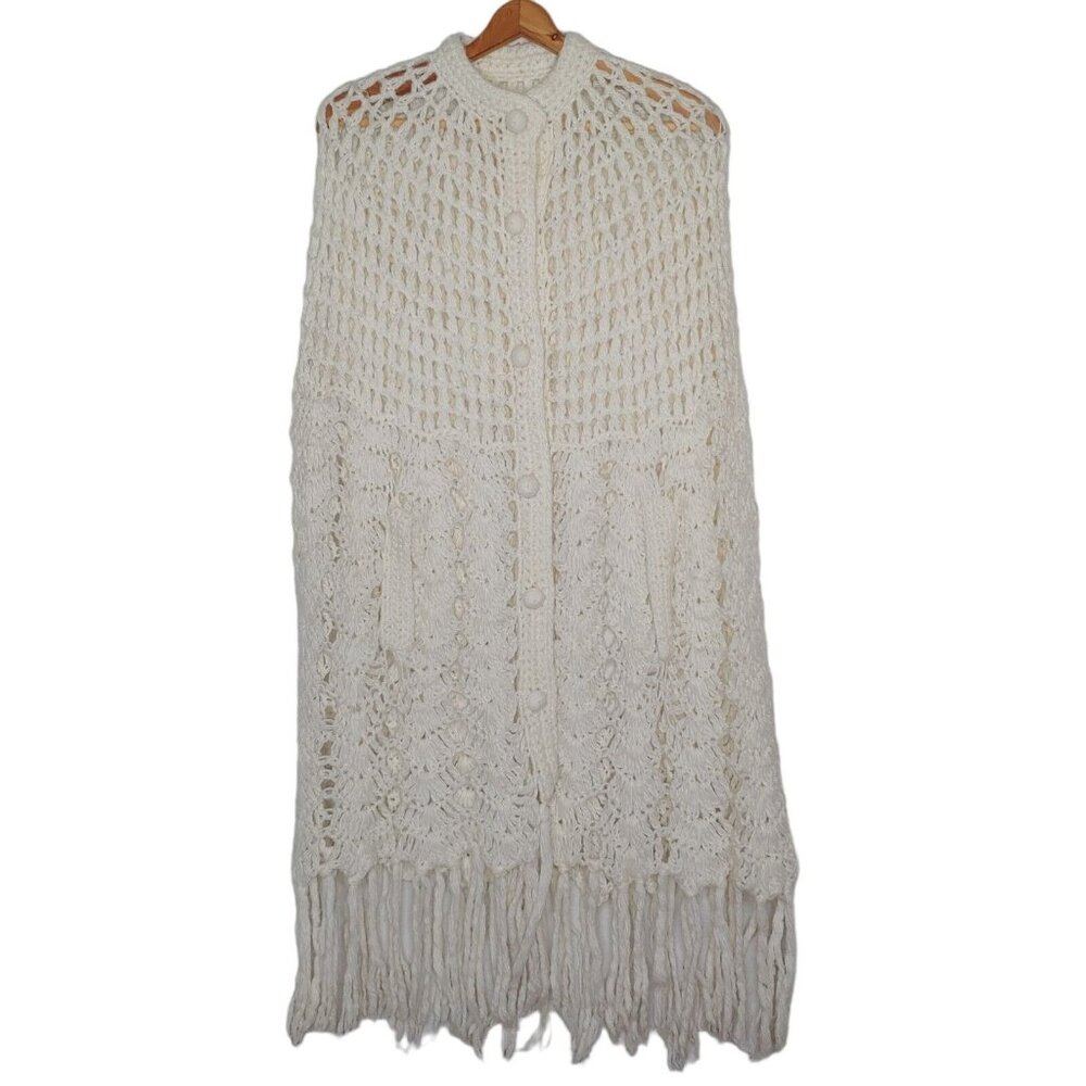 Vintage Handmade Crocheted Shawl White Long Bohemian Hippie Cottagecore Sweater